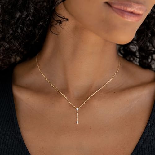 Gold/Silver Necklace for Women, Dainty 14K Gold/Sterling Silver Plated Necklaces, Minimalist CZ Diamond Pearl Pendant Trendy Satellite Y-Shaped Chain Jewelry Gift for Women2