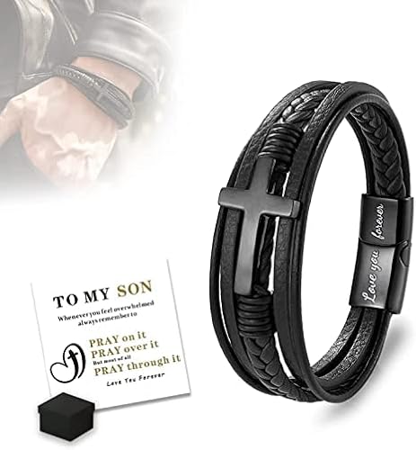 To My Son Pray Through It Leather Cross Bracelet,Multilayer Leather Bracelets For Men Magnetic Clasp, Stainless Steel Magnetic Closure Bracelets,Son Graduation Birthday Gift From Mom #TOP1