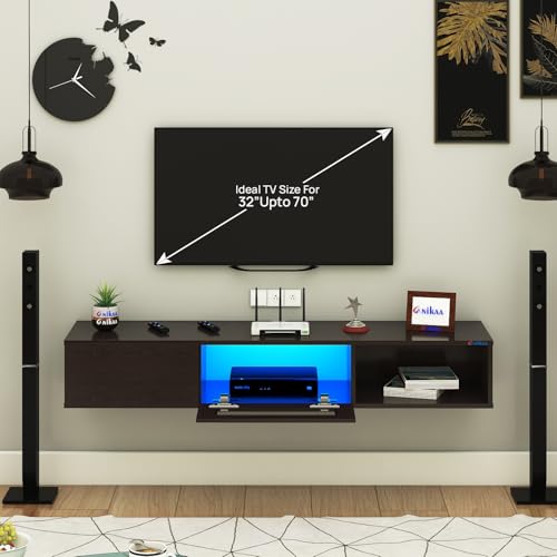 Image of Anikaa Strix Wall Mount Modern Floating TV Unit for Living Room with 3 Storage Cabinet & Blue LED Light (Ideal for 32 to 55 inch TV, DIY Installation, Wenge Finish)