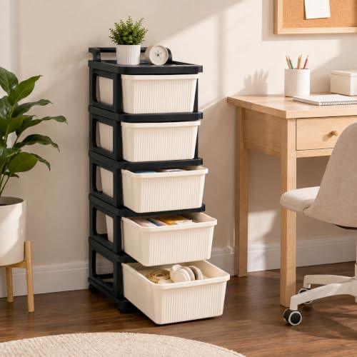 Image of Heavy Duty Plastic Storage Drawer with Wheels | Modular Cabinet for Bedroom, Office, Home or Classroom| Chest of Drawers Organiser for Cosmetics, Kitchen items, Toys (White & black, 5)