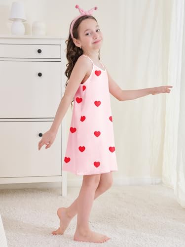 Umeyda Girls' Sleepwear Satin Silky Sleeveless Spaghetti Strap Nightgown Dress for Girls Pajamas, Pink Heart, 7-8 Years = Tag 143