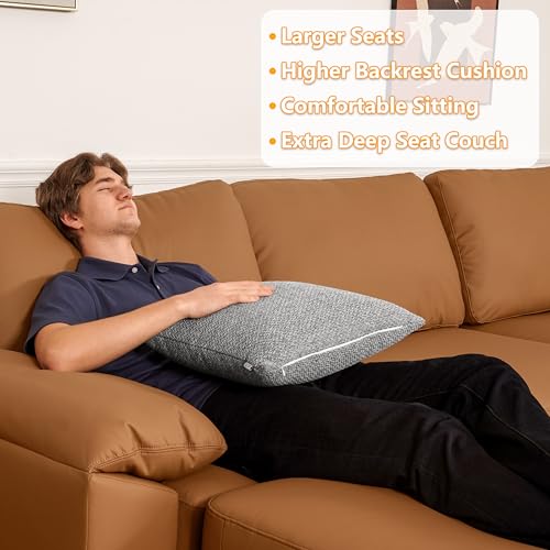 Image of EASE MOOSE Deep Seat Sectional Couch, Scratch Resistant Faux Leather Material, 3-Seat Oversized Modular Sofa for Living Room,Modern Comfy Sofas for Small Spaces, Brown