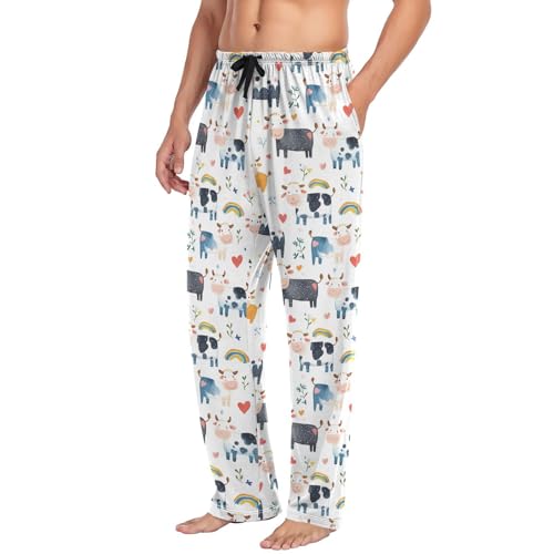 Vdsrup Men's Pajama Pants Cute Cow Watercolor Pajama Pants for Men PJs Bottoms Drawstring Pockets Sleep Lounge Pants S4