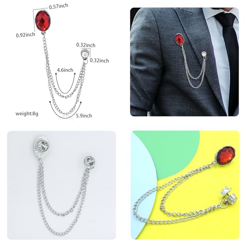 Image of Gold /Silver Crystal Geometry Brooch Lapel Pin for Men Rhinestone With Hanging Chain Brooch for Men Suit Fashion Tuxedo Tie Hat Scarf Collar Pins for Men Women Gifts