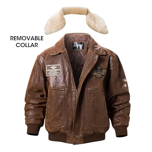 Image of FLAVOR Men's Real Leather Bomber Jacket with Removable Fur Collar Aviator