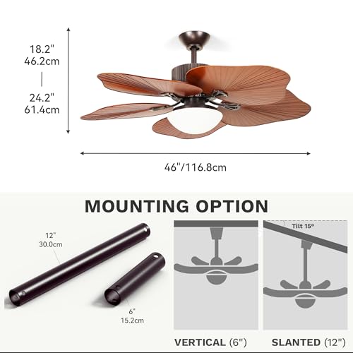 DWVO 46 Inch Ceiling Fan with Lights and Remote, Tropical Palm Leaf Blades Ceiling Fan for Living Room Dining Room Bedroom, Reversible Quiet Motor, 6 Speeds, Dimmable