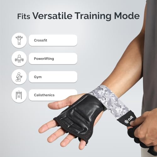 Image of CULT Leather Gym Gloves with Wrist Wrap Support for Weightlifting & Powerlifting | Heavy Duty Leather Half Finger Workout Gloves for Men & Women, Anti-Callus Gym Grip (Size S-M)