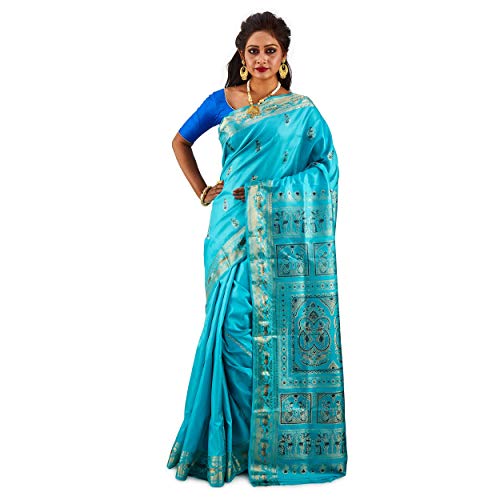 SareesofBengal Women's Baluchari Silk Saree Swarnachari Silk Saree On Pure Katan Silk Bengal Handloom Sarees Bishnupuri Silk Saree Sky Blue Indian Sarees For Women Wedding Gift Saree Banarasi Sarees