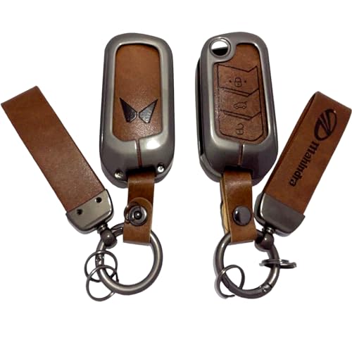 Image of Zinc Metal Alloy Leather Car Key Cover & Case Brown with Keychain & Holder fit for Mahindr.a Scorpio, Bolero, XUV700, XUV300, Thar, TUV300 Plus, XUV400, Marazzo (3 BT Flip Key)
