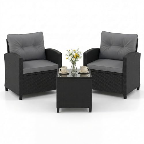 COSTWAY Conjunto Jardin Exterior de Ratán 3 Piezas, 1 Mesa Auxiliar de Vidrio Templado y 2 Sillas con Cojines, Muebles Jardin Terraza Balcon Exterior (Negro+Gris)