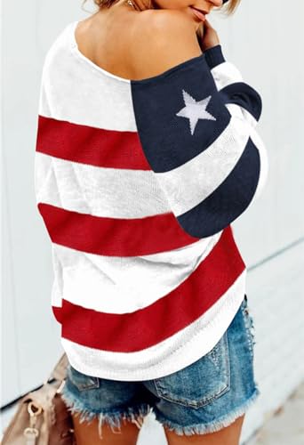 Huusa Women'S American Flag Graphic Sweater Long Sleeve Lightweight Pullover Knit Round Neck Top Color Block Striped Dark Red L thumb #4