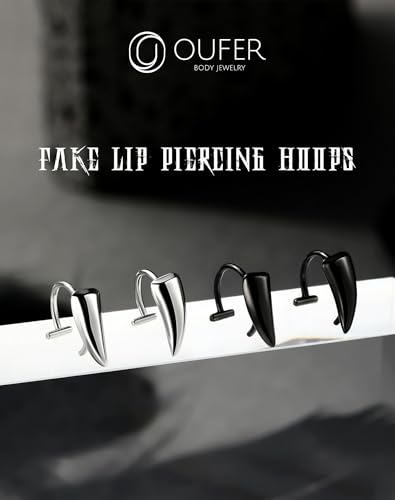 OUFER 2PCS Fake Lip Rings, Vampire Fangs Lip Cuff Piercing Jewelry Hoops, Adjustable Faux Non-Piercing Labret Piercing Jewelry For Women Men-Silver/Black3