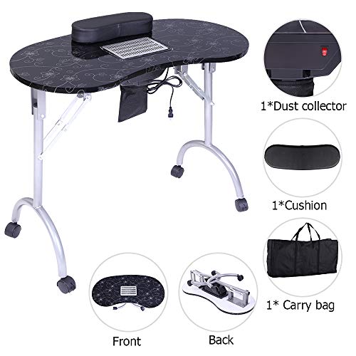 Kcelarec Manicure Nail Table, Portable Folding Mdf Nail Desk Station, Movable Manicure Tech Table For Home Spa Beauty Salon With Dust Collector,Fan,Sponge Wrist Cushion, Carry Bag (Black) #TOP5
