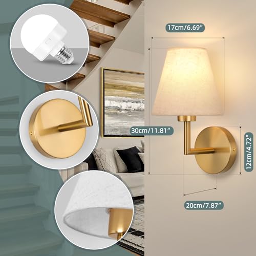 CANEOE Akku Wandleuchte Kabellose 2 Set, Batterie Wandleuchten Innen mit Stoffschirm,Wohnzimmer Wiederaufladbarem Wandleuchte mit 5000mAh Abnehmbare Aufladbare Glühbirne(Gold)