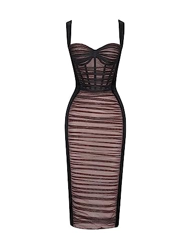 houstil Women's Strap Wedding Guest Dress Velvet Mesh Bodycon Cocktail Party Fishbone Mini Clubwear
