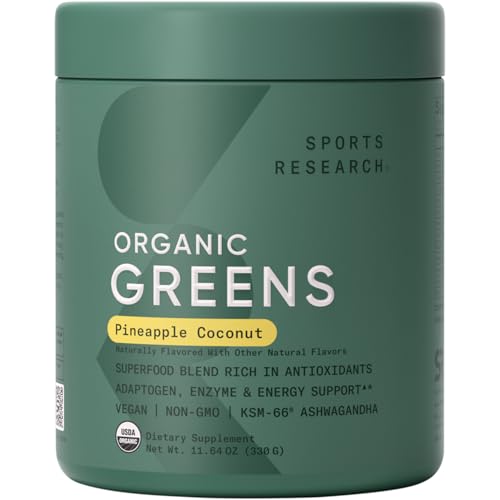Image of Sports Research Organic Greens Superfood Powder w /Spirulina, Chlorella, Adaptogens, Enzymes, Probiotics & 8 VIT Bs for Gut & Mood Support* - Vegan, Sugar-Free & Low-Cal Pineapple Coconut 30 Servings