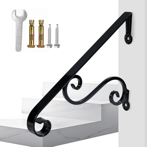 Yahpetes Hand Rails 1-2 Steps Porch Handrails Wrought Iron Handrail Grab Rail Single Post Railing 22.8"X 14.4" Black Stair Railing Bracket Metal Art Wall Mount Rail for Outdoor Step by Yahpetes - Used condition - US$55.62