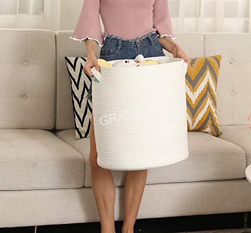 Image of Mansa Traders 12 inch x 12 inch x 14 inch Large Storage Basket with Lid, Cotton Rope Storage Baskets, Laundry Hamper, Toy Bin, Toys Blankets Pillows Storage in Living Room Baby Nursery, White Stiches with Cover