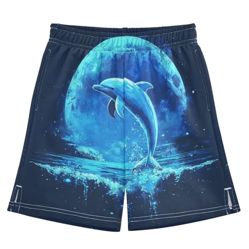 DOMIKING Moon Ocean Wave Blue Kids Shorts Pull-on Boys Shorts with Elastic Waist Casual Athletic Pants for Summer Playwear
