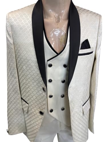 Image of Men's Navy Blue Jacquard Tuxedo Suit with Black Shawl Lapel, 3-Piece Formal Wedding Ensemble, Red Pocket Square