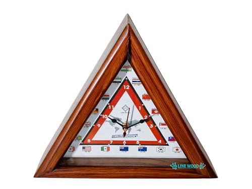 Image of LINE Wood - Antique Wooden Wall Clock - Triangular Shape Multi-Country World Clock with Time Zones Vintage Style for Home, Office, Bedroom, Hall, Living Room, Farmhouse Decor (12 INCH)