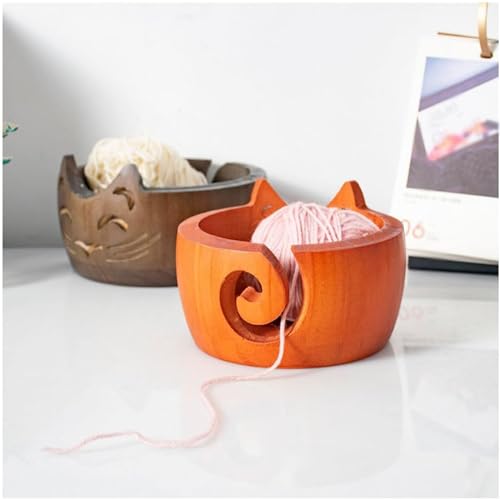 Image of Cute Cat Yarn Bowl, New Yarn Bowls Yarn Storage Bowl with Carved Holes & Drill, Creative Wooden Handmade Round Woolen Bowl for DIY Knitting Crocheting Accessories (Brown)