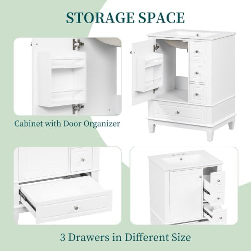Bellemave 24" Bathroom Vanity with Ceramic Sink & 3 Drawers, Bathroom Cabinet with Storage Shelves & Solid Wood Base, Freestanding Vanity Cabinet with Soft Closing Door with Organizer (White/24)