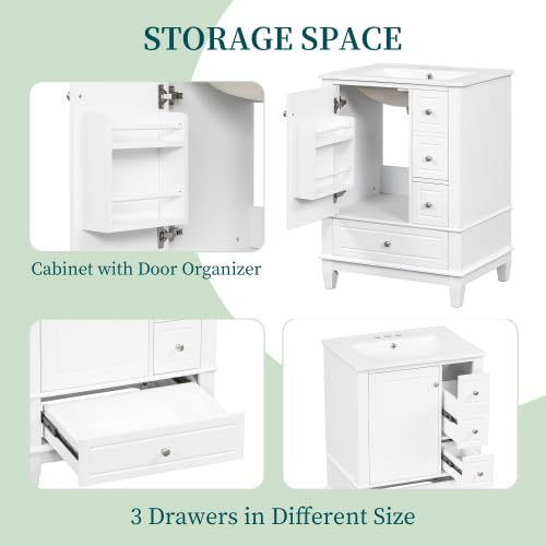 Image of Bellemave 24 inch Bathroom Vanity with Ceramic Sink & 3 Drawers, Bathroom Cabinet with Storage Shelves & Solid Wood Base, Freestanding Vanity Cabinet with Soft Closing Door with Organizer (White /24)