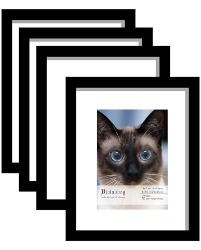 VIOLABBEY 8x10 Picture Frames Black Set of 4, Fits 5x7 Pictures with Mat or 8x10 Photos without Mat, Photo Frame with Real Glass, Vertical or Horizontal for Wall and Tabletop Display