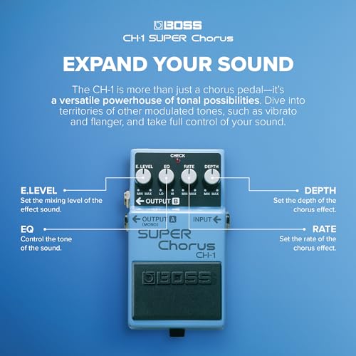 Image of BOSS CH-1 SUPER Chorus | Classic Compact Chorus Effects Pedal | Cystal-Clear Tone for Guitar & Keyboards | Versatile Sound Shaping | Mono & Stereo Connectivity | Easy-to-Use Controls | Effect Level, Eq, Rate and Depth Controls, Mono Input, Stereo Outputs, 9V Battery or Psa Adapter Power