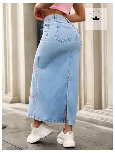 WDIRARA Women's Bow Embroidery Bodycon Denim Skirt High Waisted Split Back Long Jean Skirts2