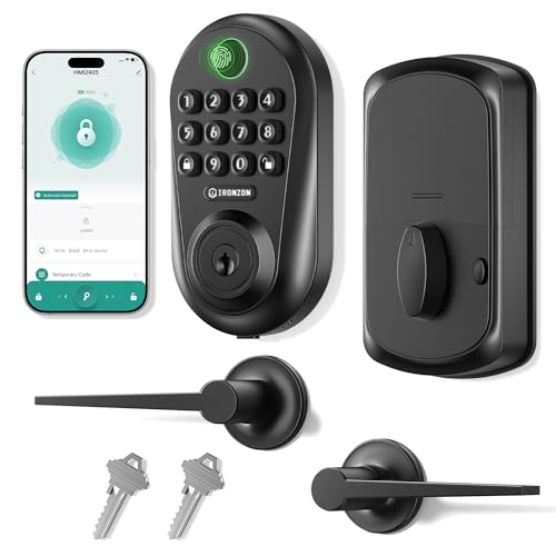 IRONZON Keyless Entry Door Lock Deadbolt with Handles Set Fingerprint Smart Door Lock with Keypad, Digital Auto-Locking Deadbolt, Electronic Entry Lock for Front Door Easy Installation