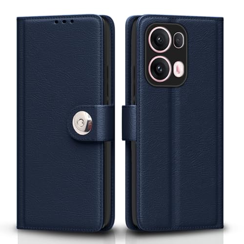 Image of Pikkme Flip Cover Leather Finish | Inside TPU with Card Pockets | Wallet Stand and Shock Proof | Complete Protection Button Flip Case for Oppo Reno 13 Pro 5G(Blue)