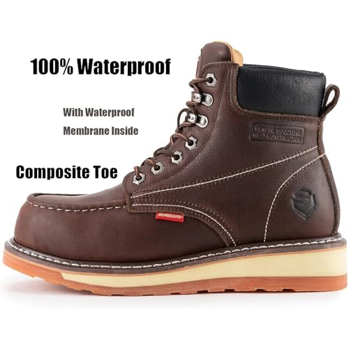 SUREWAY Mens Heavy Duty Soft/Composite/Steel Toe Work Boots for Men-Comfortable,Goodyear Welt,Full Grain Leather,6 in Wedge Moc Toe Construction Boots/Shoes,Waterproof Comp Toe Dark Brown,Size 152