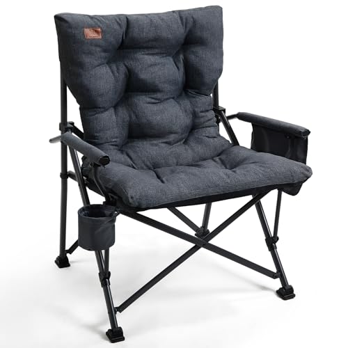 Image of EVER ADVANCED Padded Oversized Folding Camping Chair for Adults, Heavy Duty Lawn Chair with Side Pockets, Portable Collapsible Quad Chair for Outside, Support Up to 500lbs, Black