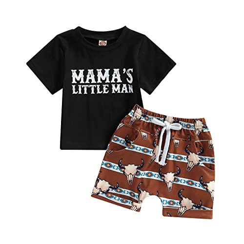 Image of Gueuusu Western Baby Boy Summer Clothes Cow Print Short Sleeve T-Shirt Casual Jogger Shorts Toddler Cowboy Outfit (D-Black mama, 12-18 Months)