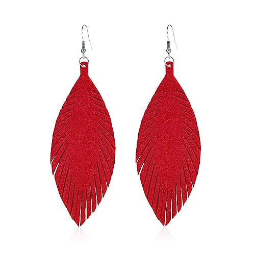 DUBFKBSH 大型本革 ソフトリーフ ハンドメイド フリンジ タッセル フェザー 軽量 ティアドロップ ダングル カラー イヤリング レディース (ホットピンク)