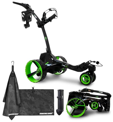 MGI Zip X5 Electric Golf Push Cart | Zip Folding Caddy, All-Terrain Wheels, Plays 36 Holes, Adjustable Speed, 3 Wheels, Display Screen, Odometer, Distance Control | Signature Series Golf Towel