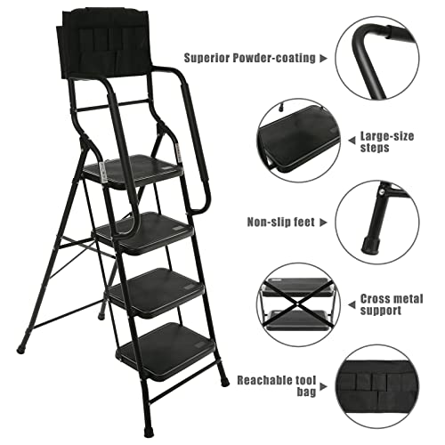 Edmaxwell 4 Step Ladder With Handrails 500 Lb Capacity Step Stool Folding Portable Ladders For Home Kitchen Steel Frame With Non-Slip Wide Pedal Stepladder With Attachable Tool Bag Black #TOP4