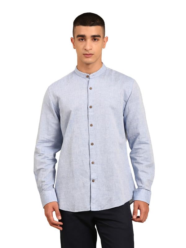 Image of Cavallo by Linen Club Men's Blended Linen Blue Solid Contemporary Fit Full Sleeve Casual Shirt