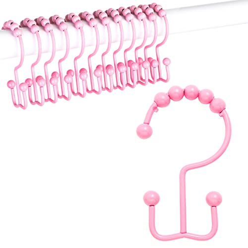 Qazvmlp Shower Curtain Hooks,304 Stainless Steel Shower Rings for Bathroom,Double Glide Shower Hooks for Bathroom Shower Curtain Rods Curtains,Set of 12 Hooks,Light Pink?Shower Curtain Hooks Style A ?