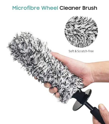 YeewayVeh Car Cleaning Brush Wheel Brush Kit, Soft Microfiber Flat Wheel Rim Cleaner Brush with 2 Removable Covers, Wheel Cleaning Brush and Car Wash Mitt for All Vehicles Truck SUV Cleaning - Thumbnail 4