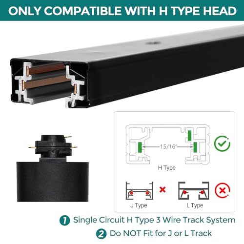 H Track Lighting Rails Kit - iCreating 20ft Black Track Light Tracks 3 Wire with Floating Canopy Connector, I and L Connectors for Single Circuit H Type LED Tracks Lighting Head Fixtures