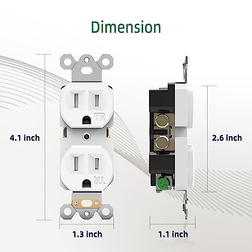 15A Duplex Receptacle, Decorative Outlet, Tamper-Resistant Electrical Wall Outlets, Standard Residential Grade, 2-Pole 3-Wire, Self-Grounding, Child Safe, Commercial Use, Ul Listed, White, 10 Pack #TOP3