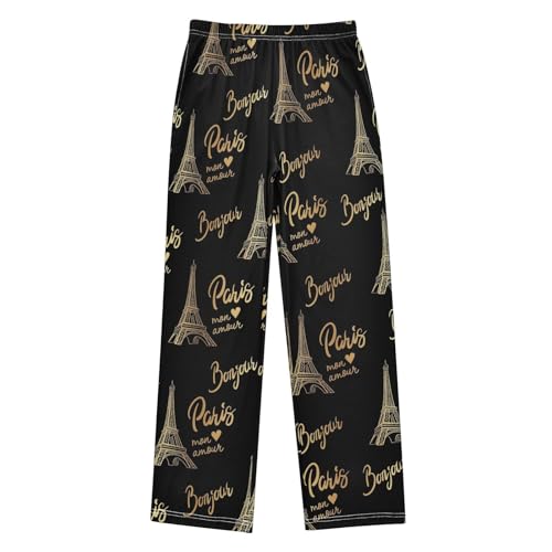 Golden Eiffel Tower Boys Long Pants Soft Trousers Elastic Waist Kids Lounge Bottoms with Pockets S-XL