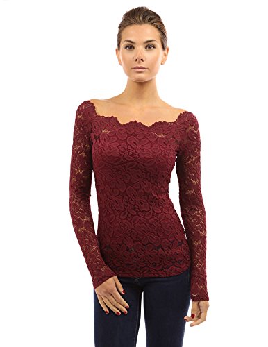 PattyBoutik Women Floral Lace Off Shoulder Top (Burgundy X-Small)