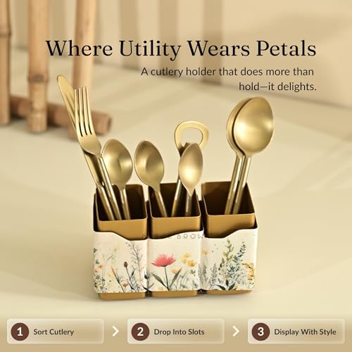 Image of Brick Brown Premium Metal Triflora Cutlery Holder - Spoon Stand for Kitchen | Spoon Holder for Dining Table | Wooden Caddy Storage Organizer | Stand Caddy Holder for Kitchen Utensils (6.3x8x9.5in)