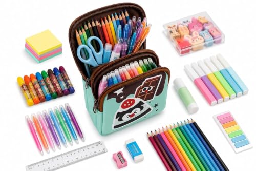 Image of WORSHIPER Double Zipper Pencil Pouch for Kids | Large Capacity Stationery Organizer | Multi-Compartment Pencil Case for School, Office & Travel | Cute Food Theme Design(Choccco moo - Pouch)