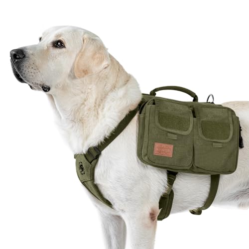 OneTigris Hundegeschirr mit Tasche, Hoppy Camper 3.0 Camping Wandern Hunderucksack für für Mittlere/Große Hunde, Rucksack für Hunderücken 2 Haupttaschen 4 Nebentaschen - Grün L