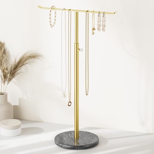 Image of Josmimic Jewelry Stand Necklace Holder, Adjustable Gold Metal Organizer for Long Necklaces, Extends from 10.2 to 18.7 Inches, Sturdy Marble Base, Ideal for Sweater Chains and Jewelry Storage